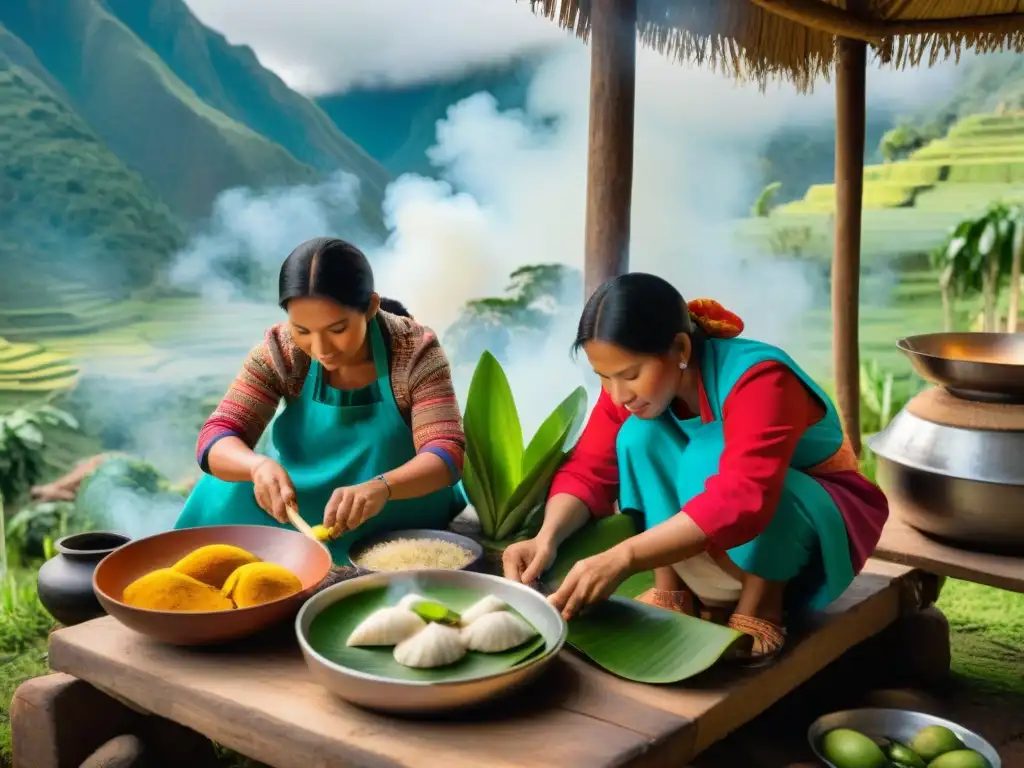 Grupo de mujeres indígenas peruanas preparando Juane en cocina rústica en la selva amazónica