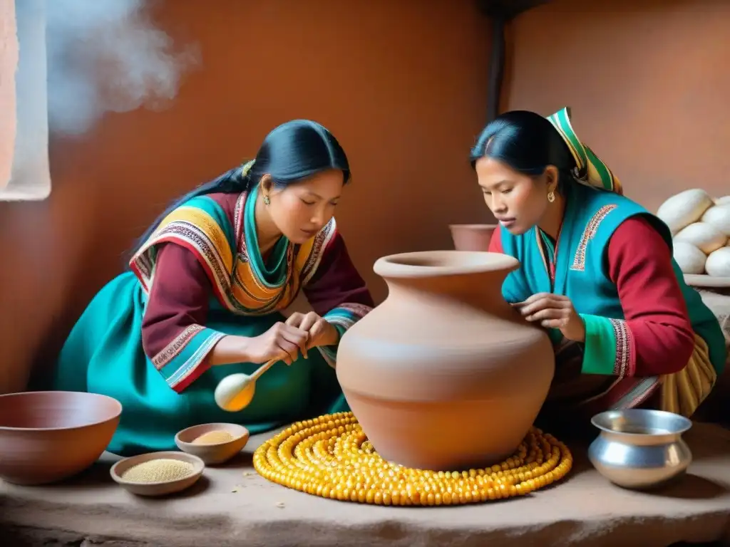 Un grupo de mujeres indígenas peruanas preparan Chicha de Jora en una escena tradicional