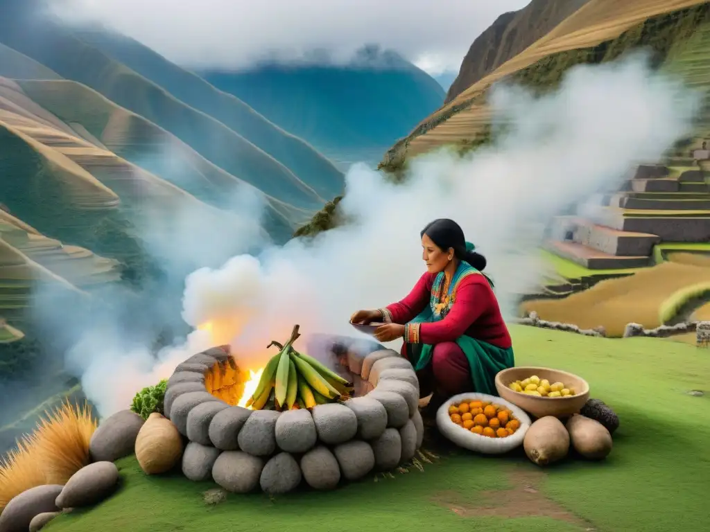 Grupo de mujeres indígenas preparando receta tradicional pachamanca en montañas de Perú