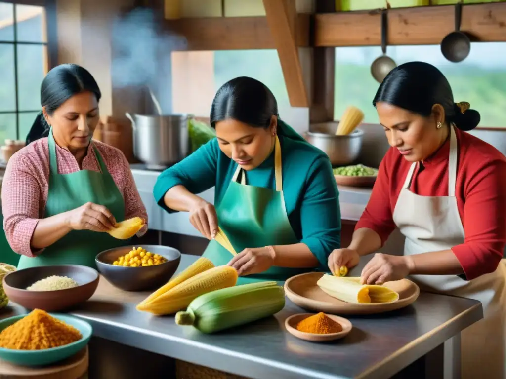 Un grupo de mujeres indígenas en Perú preparando receta tamales costeños con ingredientes coloridos en una cocina rústica