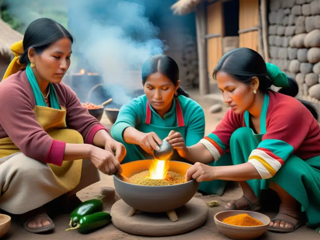 Grupo de mujeres indígenas en Perú preparando recetas tradicionales en comunidad, reflejando orgullo cultural y tradición culinaria