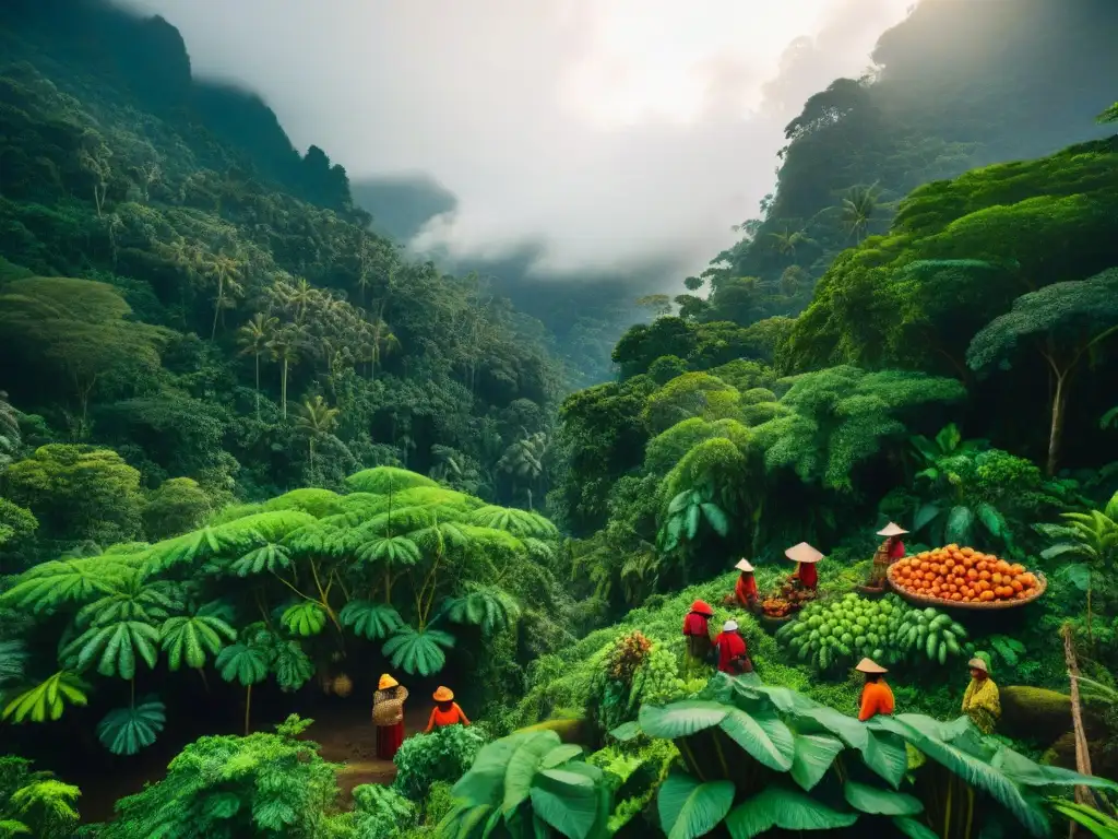Mujeres indígenas cosechando en la selva: tradición culinaria Un grupo de mujeres indígenas en la selva cosechando ingredientes autóctonos para la cocina tradicional