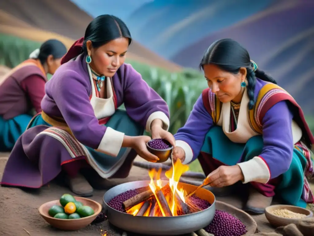 Grupo de mujeres indígenas en trajes andinos preparando Mazamorra Morada en los Andes