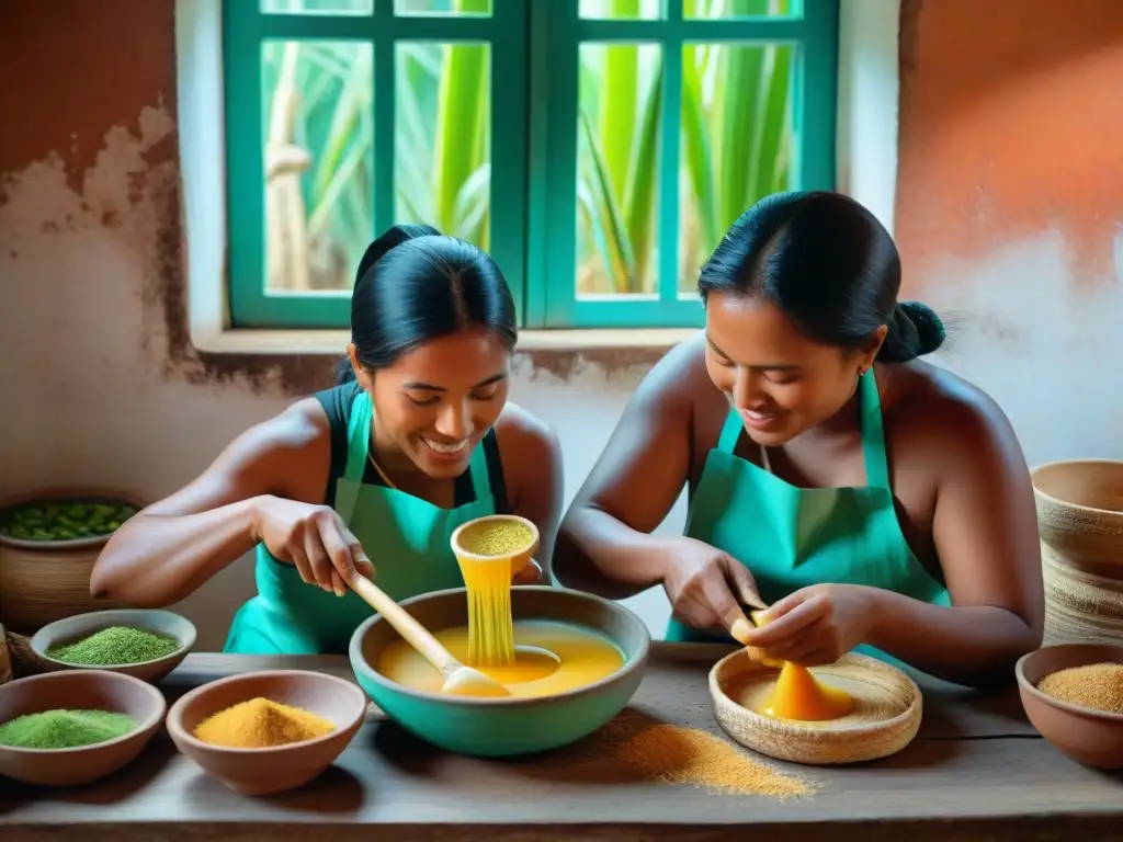 Un grupo de mujeres locales preparando la receta tradicional Agua de Sapo en una cocina costera