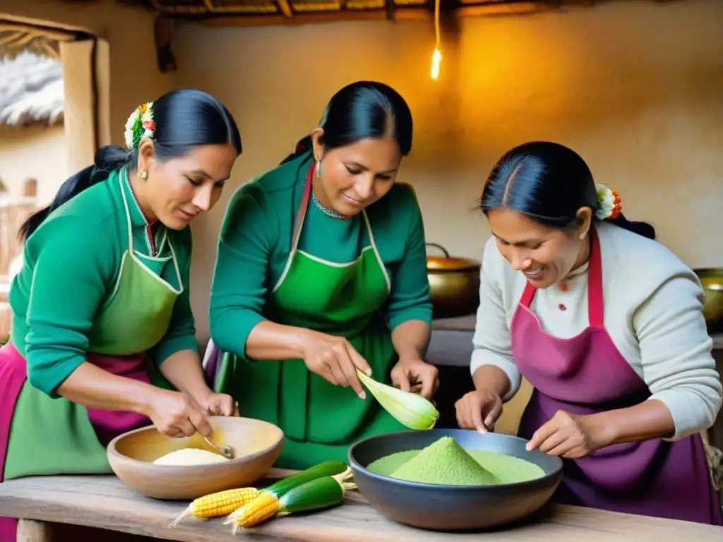 Un grupo de mujeres peruanas en atuendos andinos tradicionales preparando Tamalito Verde en una cocina rústica