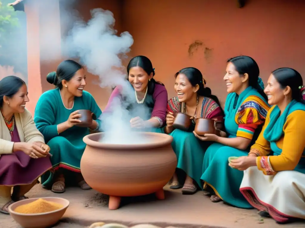 Un grupo de mujeres peruanas en atuendos tradicionales preparando chicha de quinua en una cocina rústica