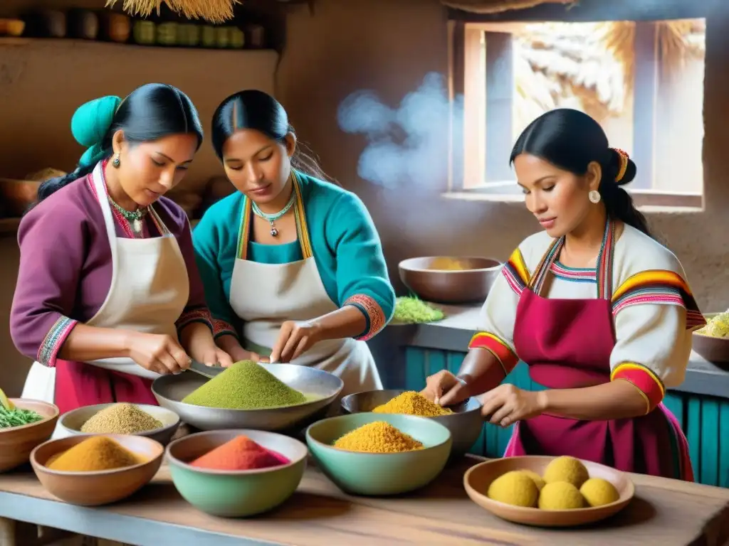 Un grupo de mujeres peruanas en la industria culinaria preparando platos tradicionales con destreza y colorido en una cocina rústica