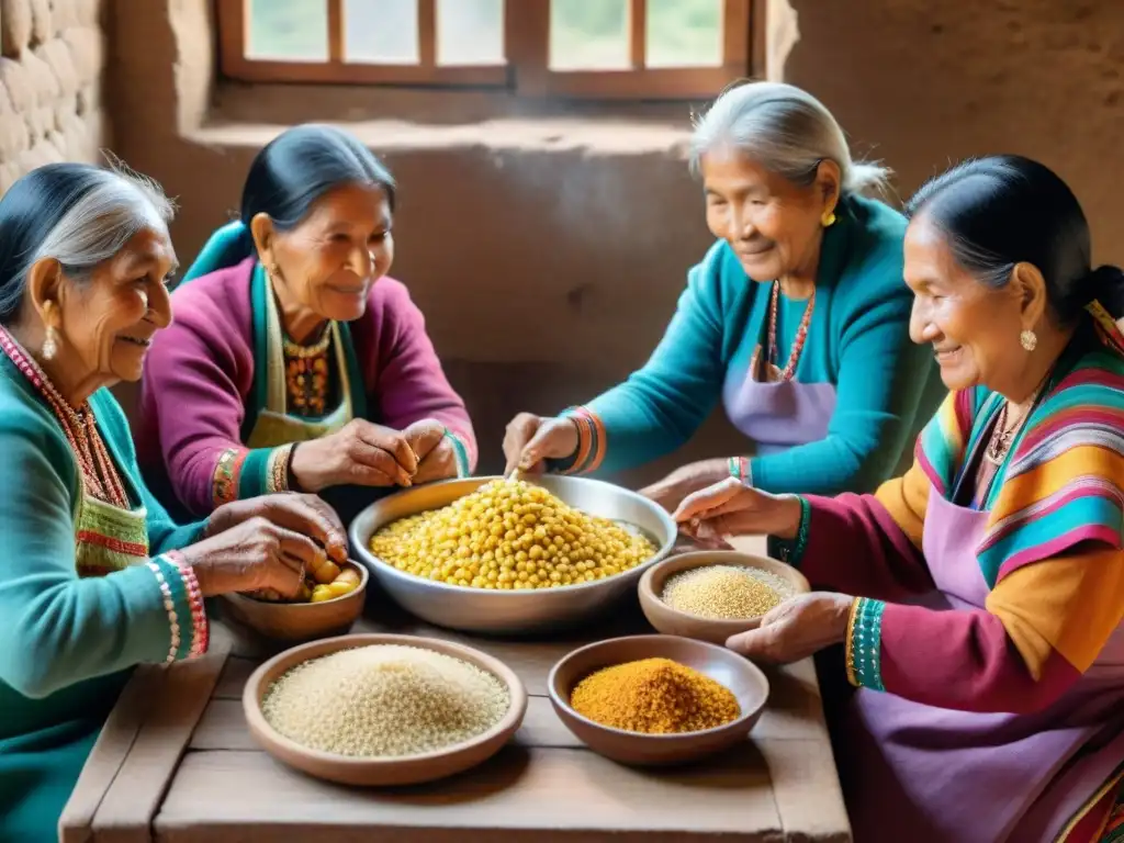 Un grupo de mujeres peruanas mayores comparten recetas tradicionales en comunidad, resaltando la herencia cultural y el espíritu comunitario en Perú