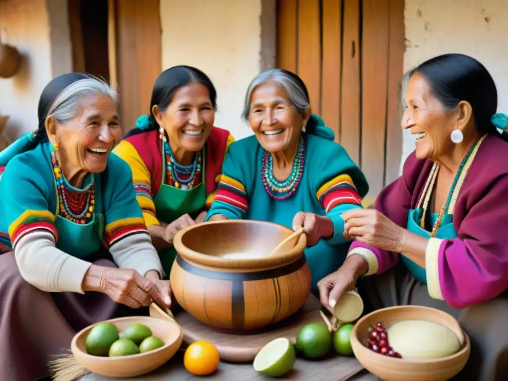 Un grupo de mujeres peruanas mayores preparando chicha de maní en el norte de Perú, compartiendo risas y tradiciones en una cocina rústica