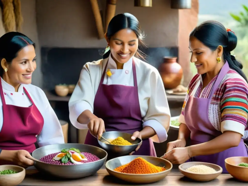 Grupo de mujeres peruanas preparando platos auténticos en cocina rústica