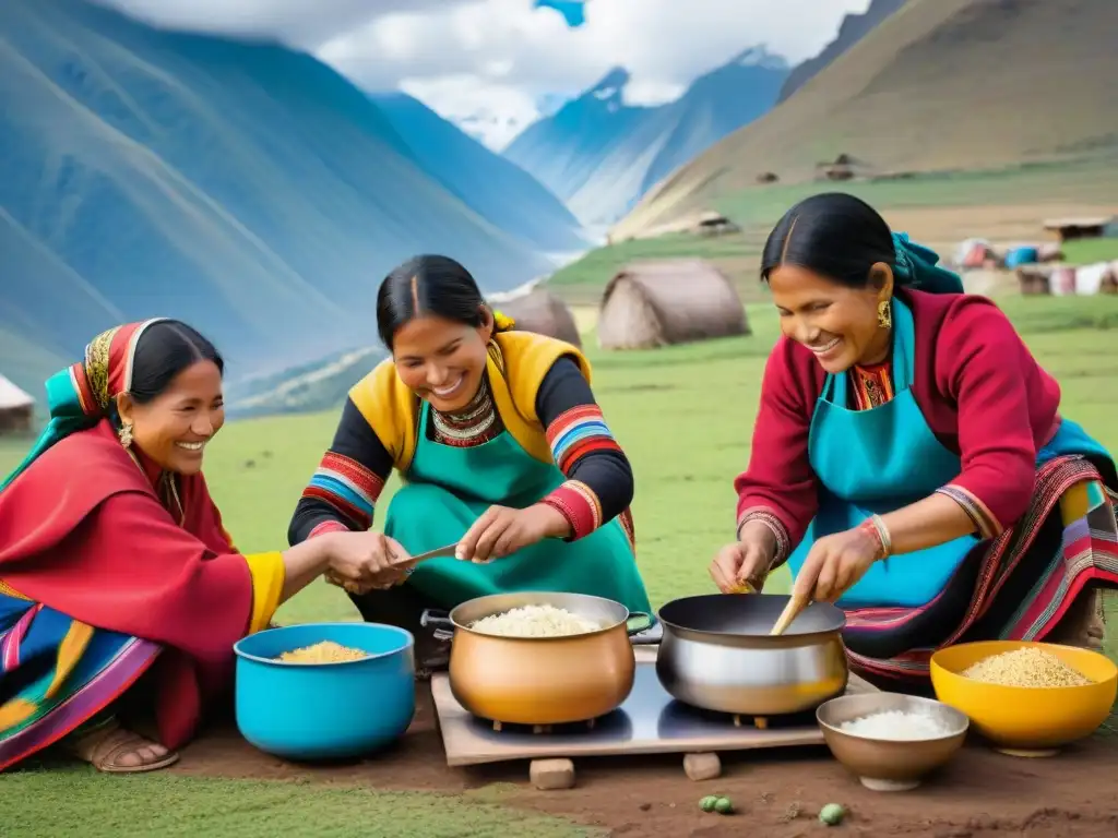 Un grupo de mujeres peruanas sonrientes visten trajes coloridos tradicionales, cocinando con cocinas solares en la montañas de los Andes