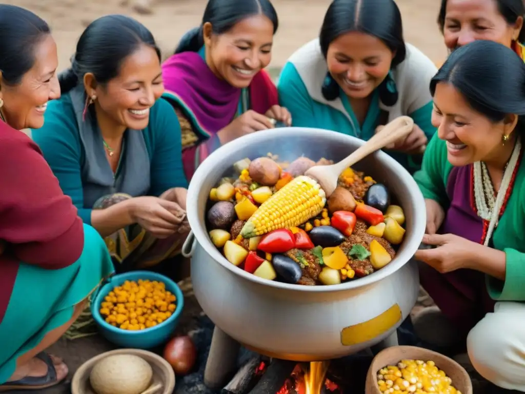 Un grupo de mujeres peruanas sonrientes preparando una olla común con ingredientes autóctonos