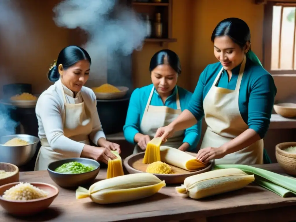 Un grupo de mujeres peruanas elaborando tamales en una cocina rústica, transmitiendo historia tamal peruano tradicional