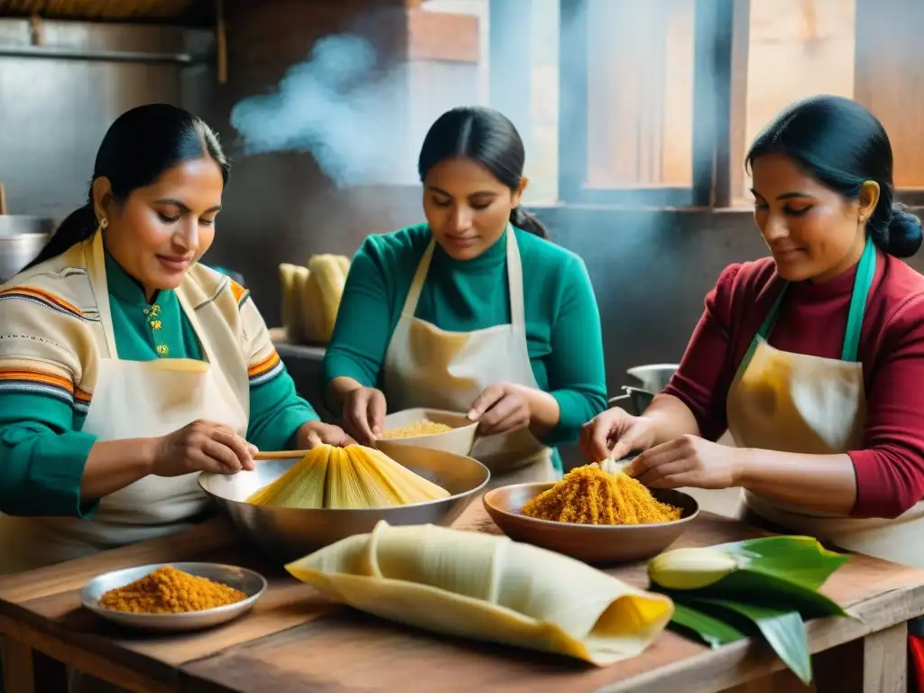 Un grupo de mujeres peruanas preparando tamales en una cocina rústica