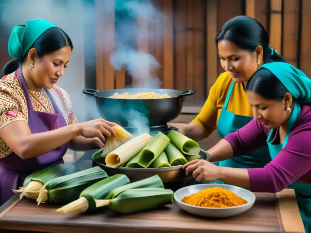 Un grupo de mujeres peruanas preparando tamales en una cocina tradicional