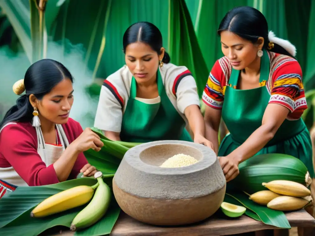 Un grupo de mujeres peruanas preparando tamales verdes en una escena tradicional y comunitaria