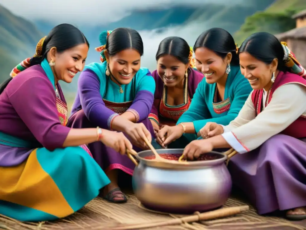 Un grupo de mujeres peruanas en trajes tradicionales preparando Mazamorra Morada receta tradicional, unidas y sonrientes al aire libre