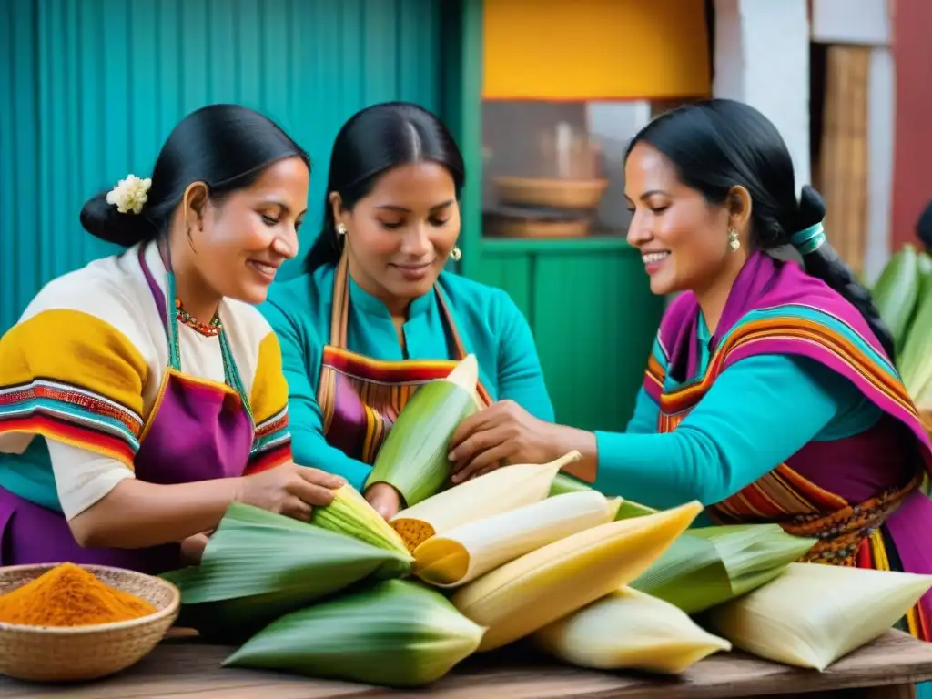 Un grupo de mujeres peruanas en trajes coloridos preparando tamales en un mercado tradicional