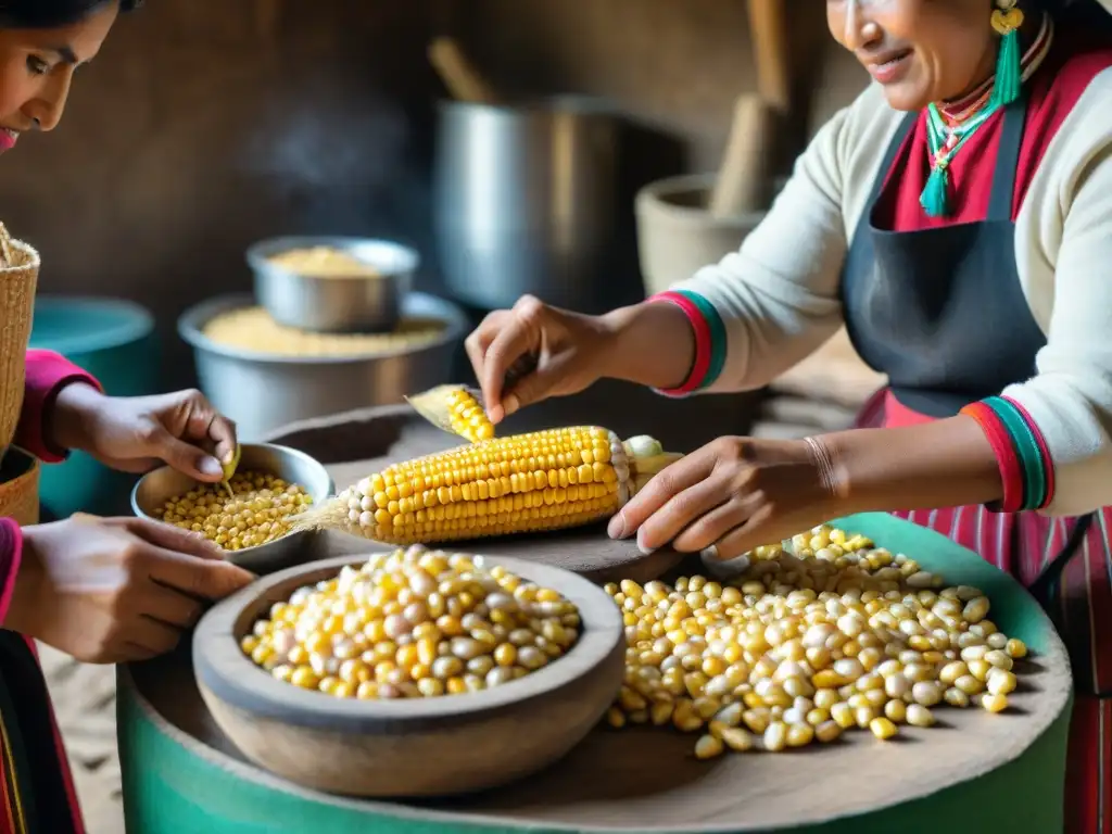 Grupo de mujeres peruanas en trajes tradicionales seleccionando mote en cocina rústica