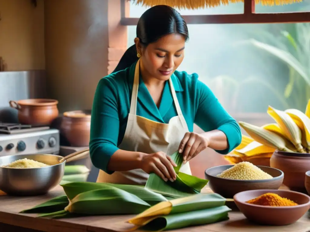 Un grupo de mujeres peruanas preparando variedades de tamales peruanos tradicionales en una cocina rústica y colorida