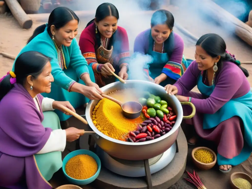 Un grupo de mujeres peruanas, vestidas con trajes tradicionales, cocinan juntas en un gran caldero, representando la tradición e innovación de la cocina peruana