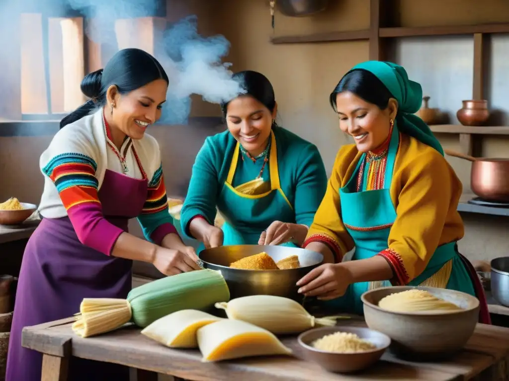 Un grupo de mujeres peruanas en vestimenta tradicional elaborando tamales en una cocina rústica