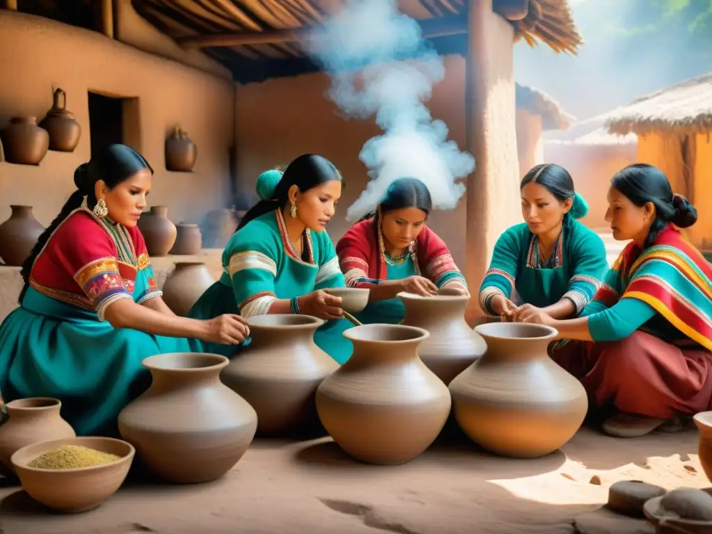 Un grupo de mujeres peruanas en vestimenta tradicional elaborando chicha de jora