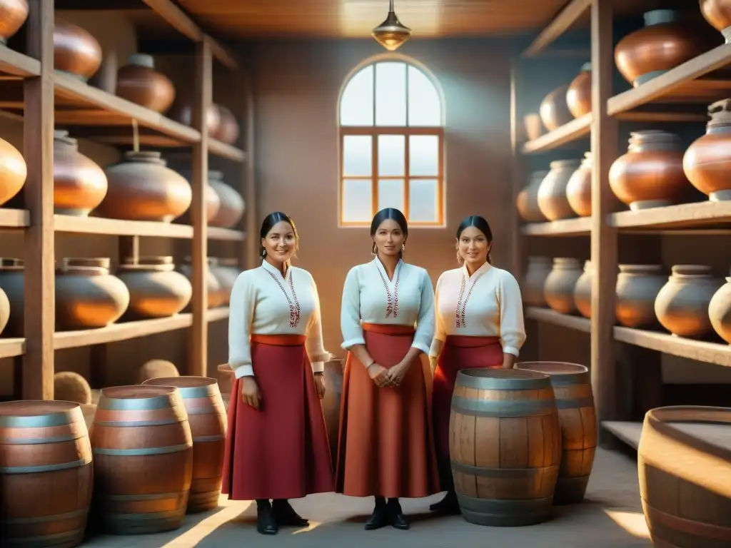 Un grupo de mujeres pioneras en la industria destiladora del Perú, vistiendo trajes tradicionales, orgullosas en una destilería de pisco histórica