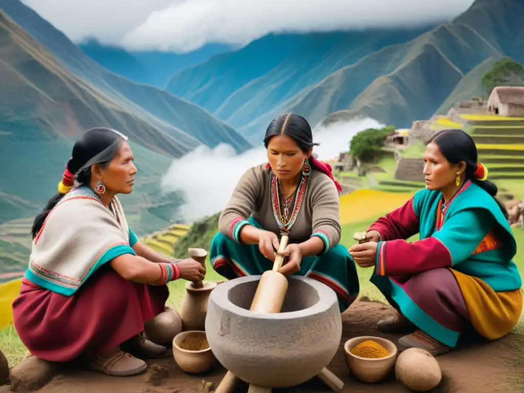 Un grupo de mujeres Quechua preparando la bebida energizante maca en los Andes peruanos