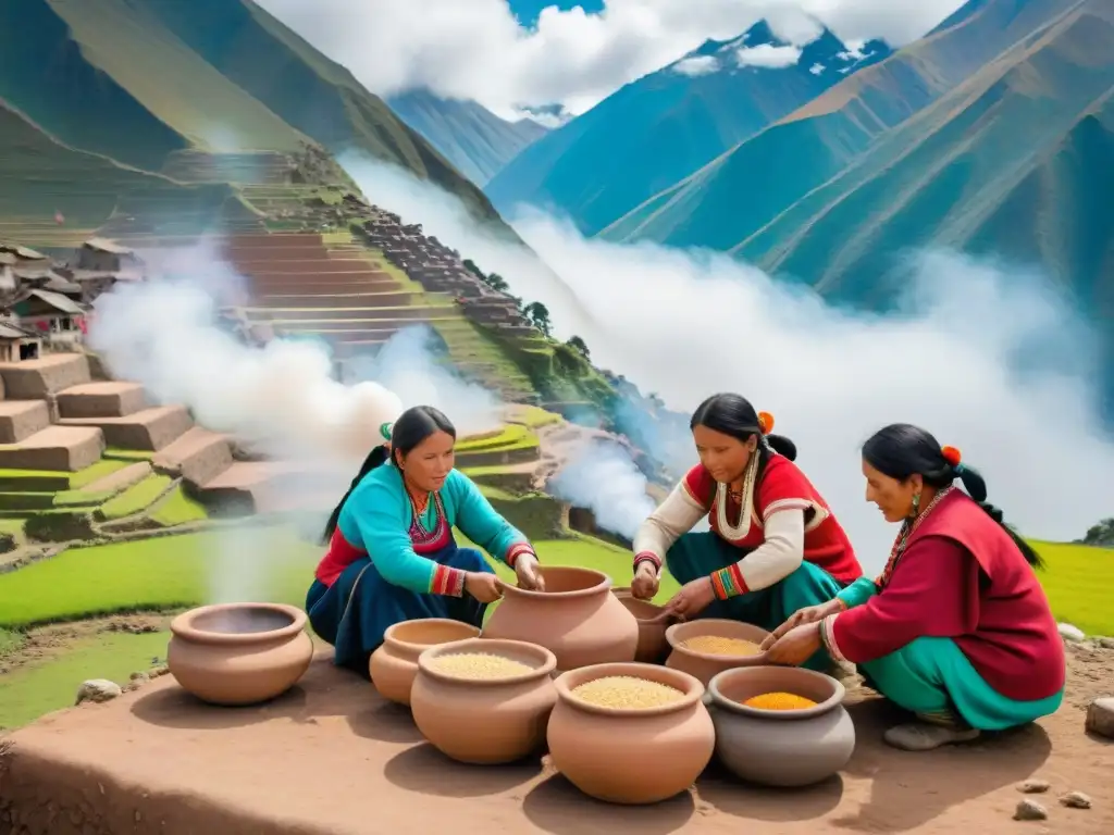 Grupo de mujeres Quechua preparando chicha en la montaña, reflejando la tradición de bebidas ancestrales del Perú