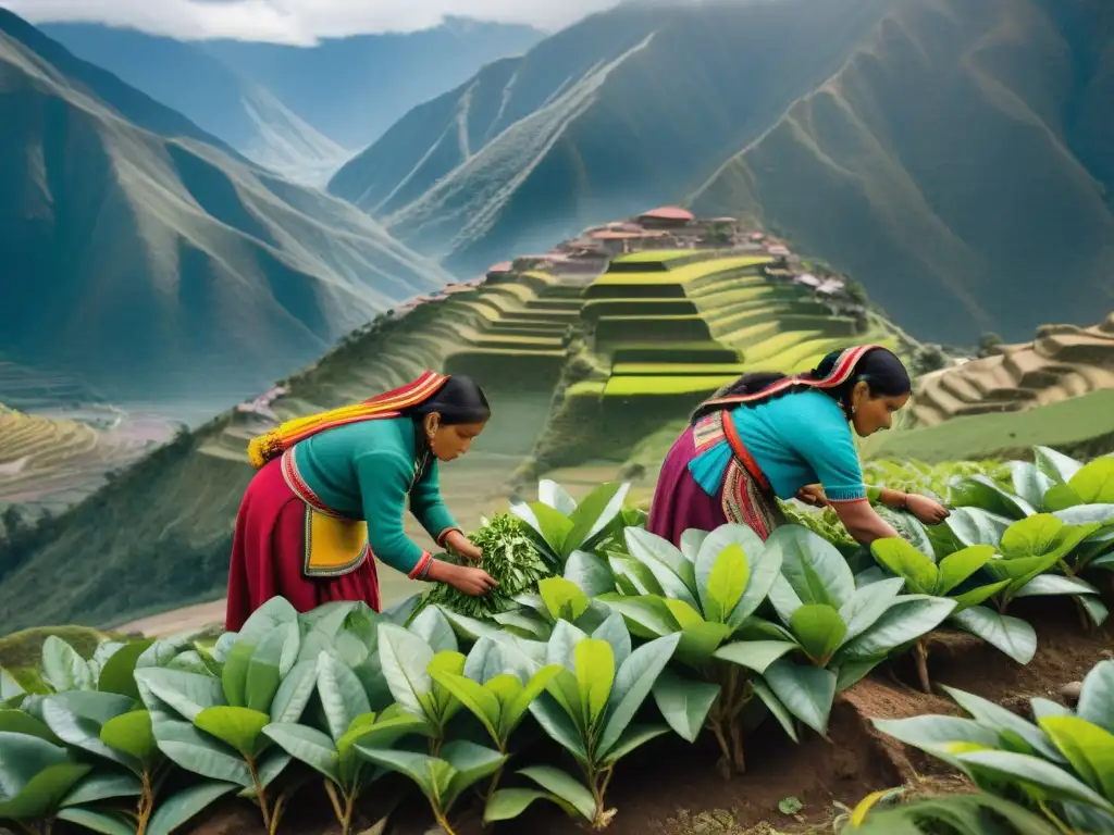 Grupo de mujeres Quechua cosechando coca en los Andes