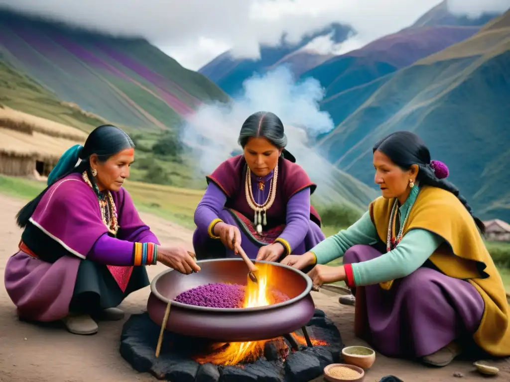 Grupo de mujeres Quechua en trajes coloridos preparando Mazamorra Morada en los Andes, tradición culinaria