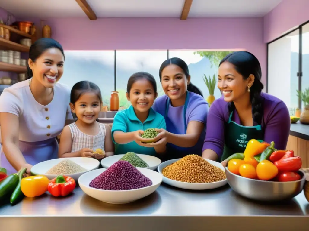 Un grupo de niños de diversas culturas disfrutan aprendiendo sobre ingredientes peruanos en una cocina vibrante