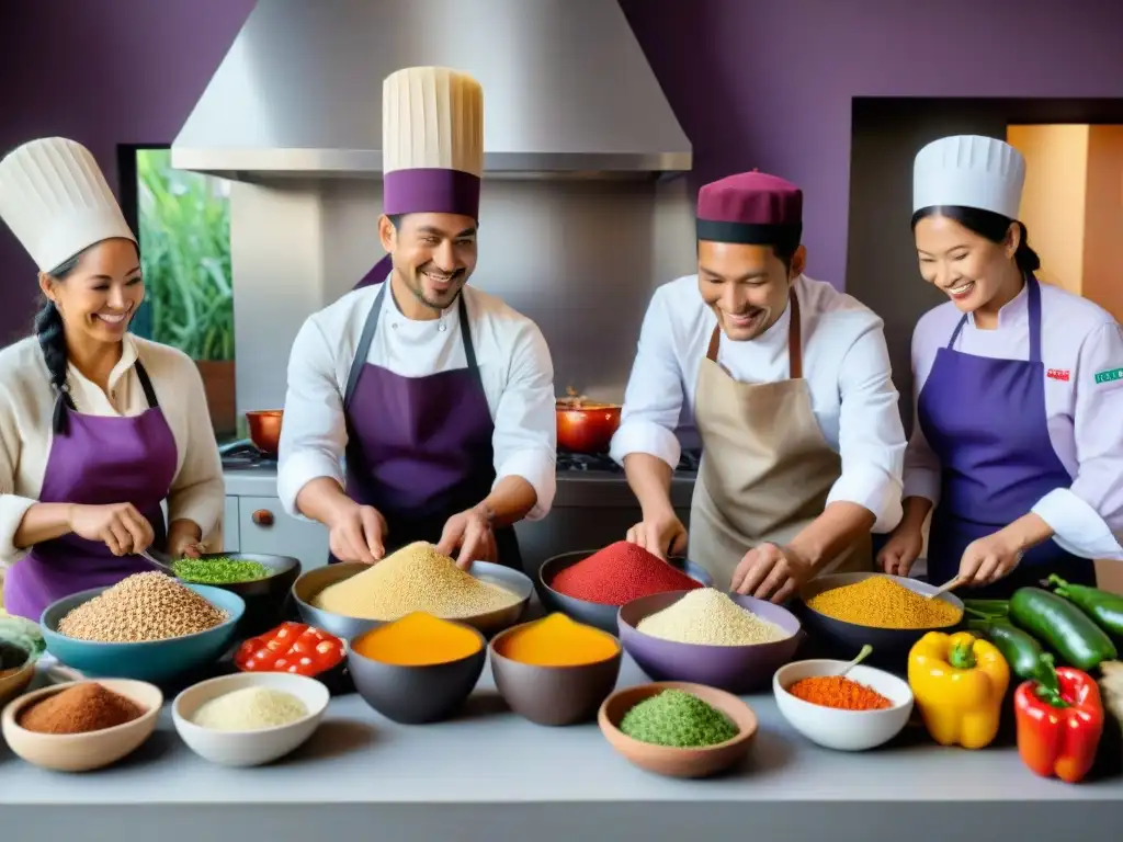 Un grupo de niños de diversas edades y etnias cocinan platos peruanos con un chef