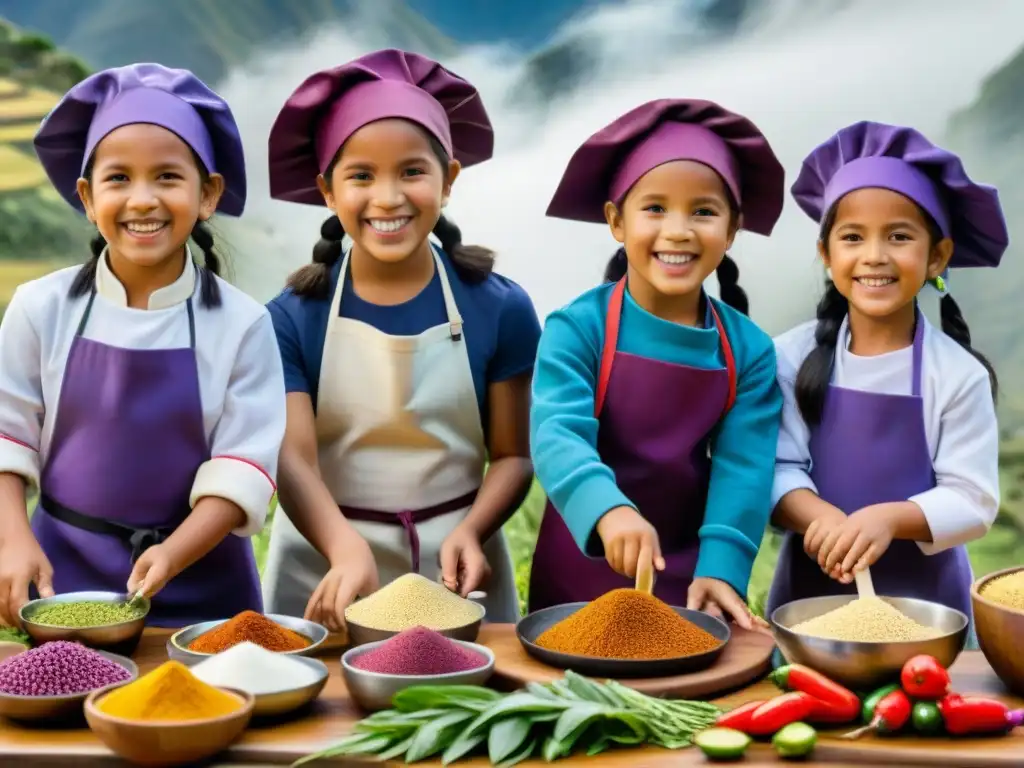 Un grupo de niños cocinando con entusiasmo en una clase culinaria inspirada en libros de cocina peruana para niños