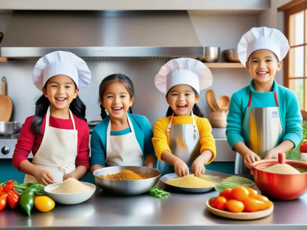 Un grupo de niños felices cocinando juntos en una cocina colorida con ingredientes peruanos, Libros cocina peruana niños