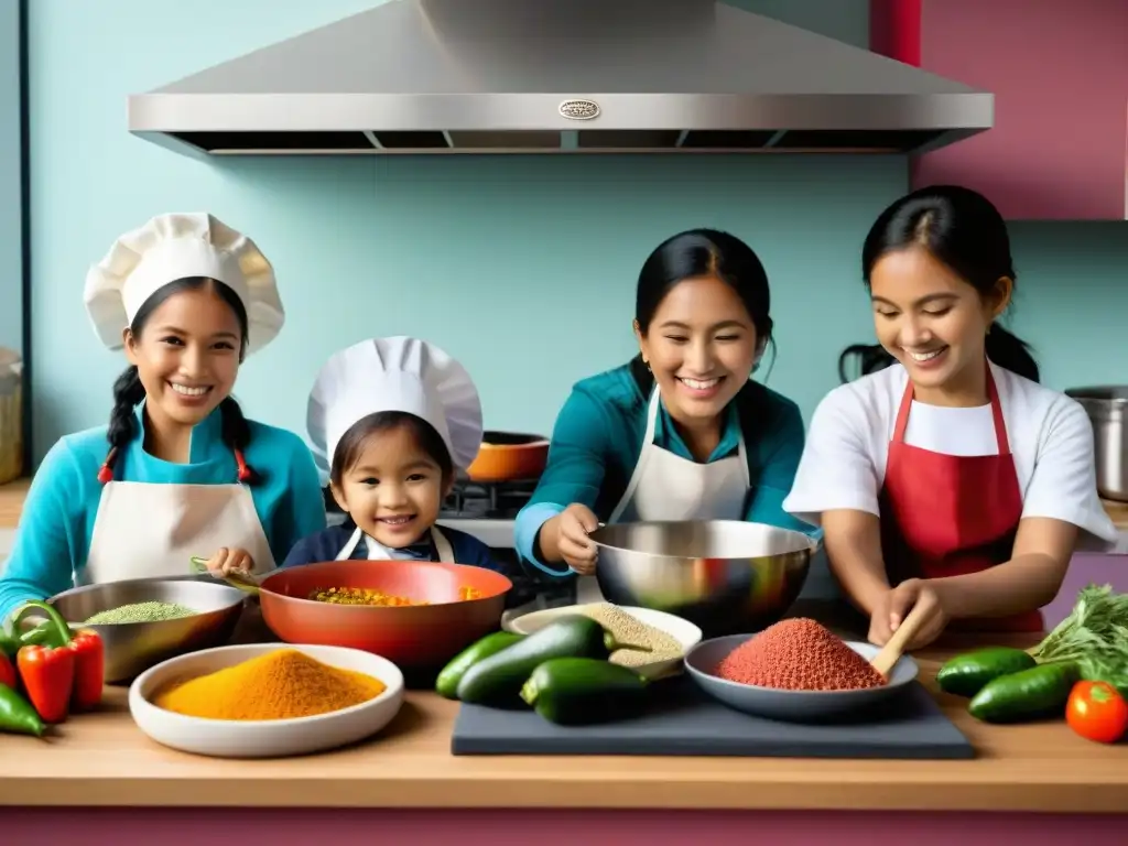 Cocinando con alegría: niños descubren la cocina peruana Grupo de niños cocinando juntos con alegría en una cocina peruana llena de color