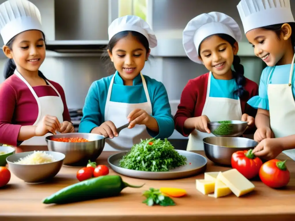 Un grupo de niños de diferentes orígenes cocinando recetas con ají en una cocina colorida y animada