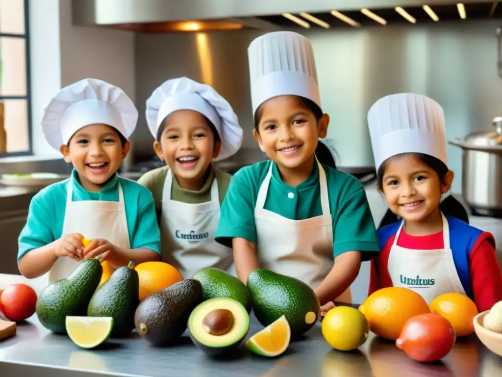 Delicias Peruanas: Niños felices cocinando en taller culinario Grupo de niños peruanos disfrutando de talleres de cocina peruana infantil con ceviche y causa