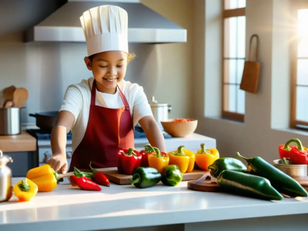 Un grupo de niños preparando recetas con ají en la cocina, rodeados de ingredientes coloridos y cocinando con entusiasmo