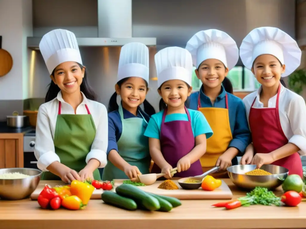 Taller de cocina peruana para niños: ¡Alegría culinaria! Grupo de niños en un taller de cocina peruana, concentrados y emocionados, rodeados de ingredientes vibrantes y aromas tentadores