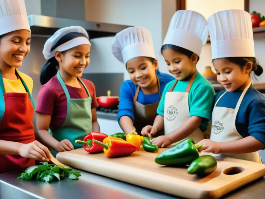 Taller de cocina peruana para niños: diversión y aprendizaje Grupo de niños en taller de cocina peruana infantil, felices y coloridos en una cocina vibrante
