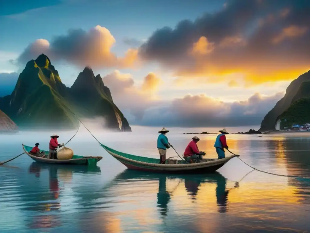 Grupo de pescadores peruanos en un bote tradicional al amanecer, pescando de forma sostenible