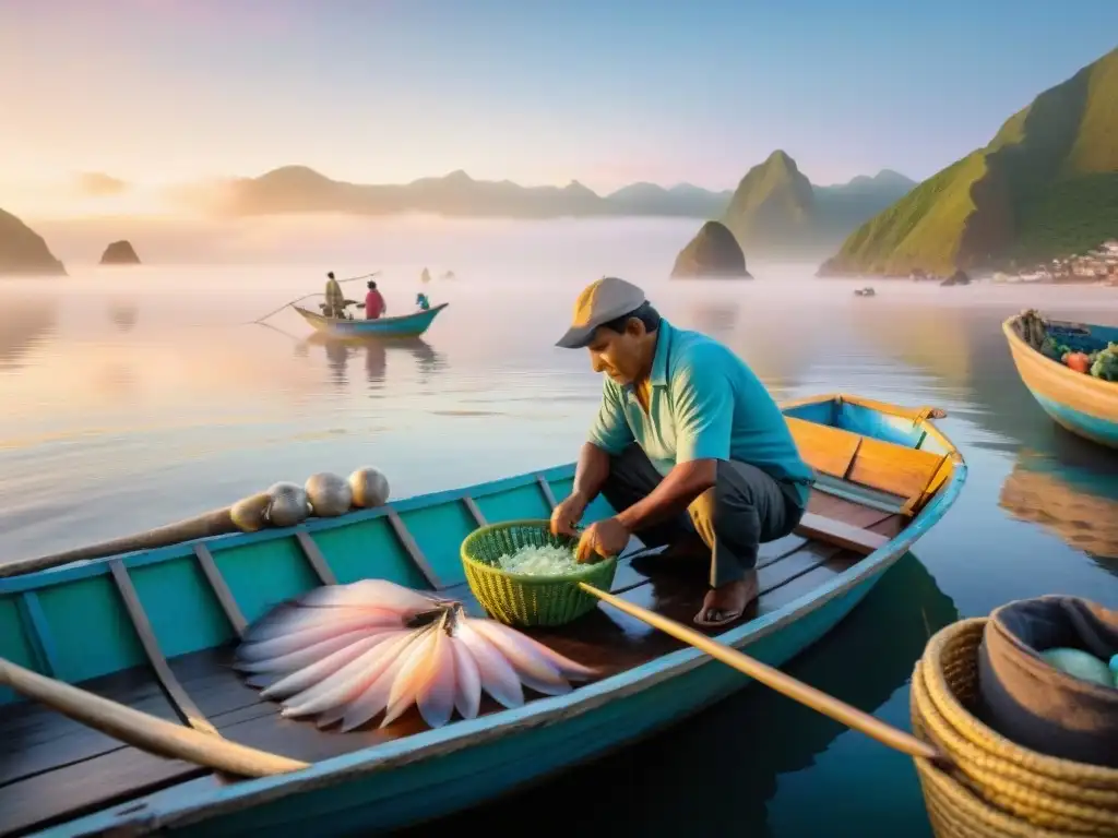 Un grupo de pescadores peruanos prepara ceviche en un bote pesquero al amanecer, rodeados de redes y cestas de mariscos frescos