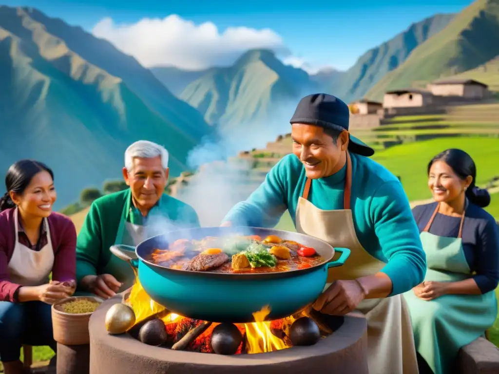 Un grupo disfruta un taller de cocina ancestral peruana al aire libre, rodeados de montañas verdes y un cielo azul