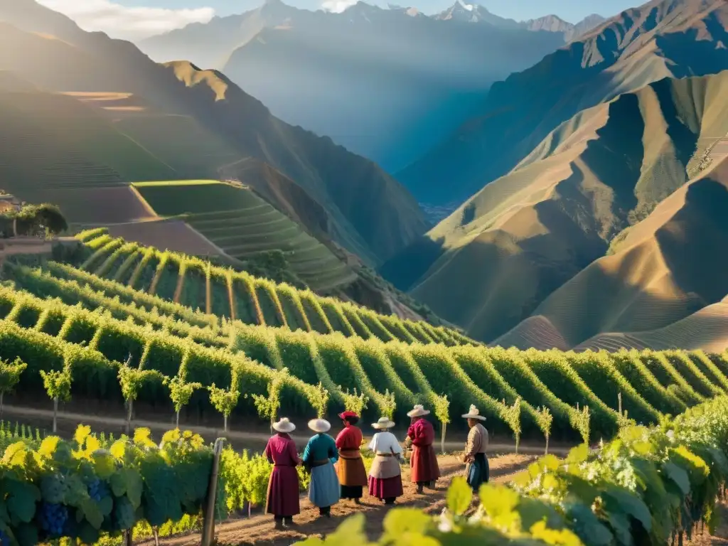 Un grupo de viticultores peruanos pioneros, en trajes tradicionales andinos, cosechando uvas al amanecer en los Andes