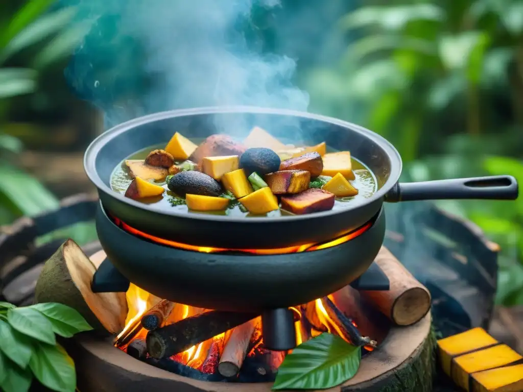 Guiso tradicional peruano con ingredientes autóctonos burbujeando sobre fogata en la exuberante selva amazónica