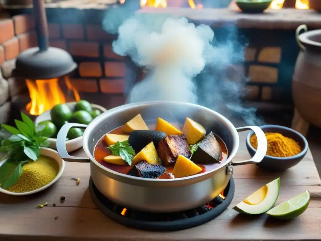 Un guiso tradicional peruano con ingredientes autóctonos se cocina en una cazuela sobre fuego abierto en una cocina rústica