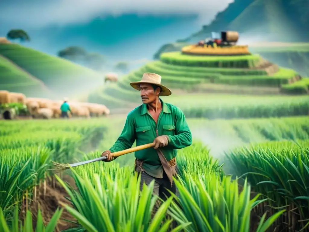 Un hábil agricultor cosechando caña verde en los campos de Perú