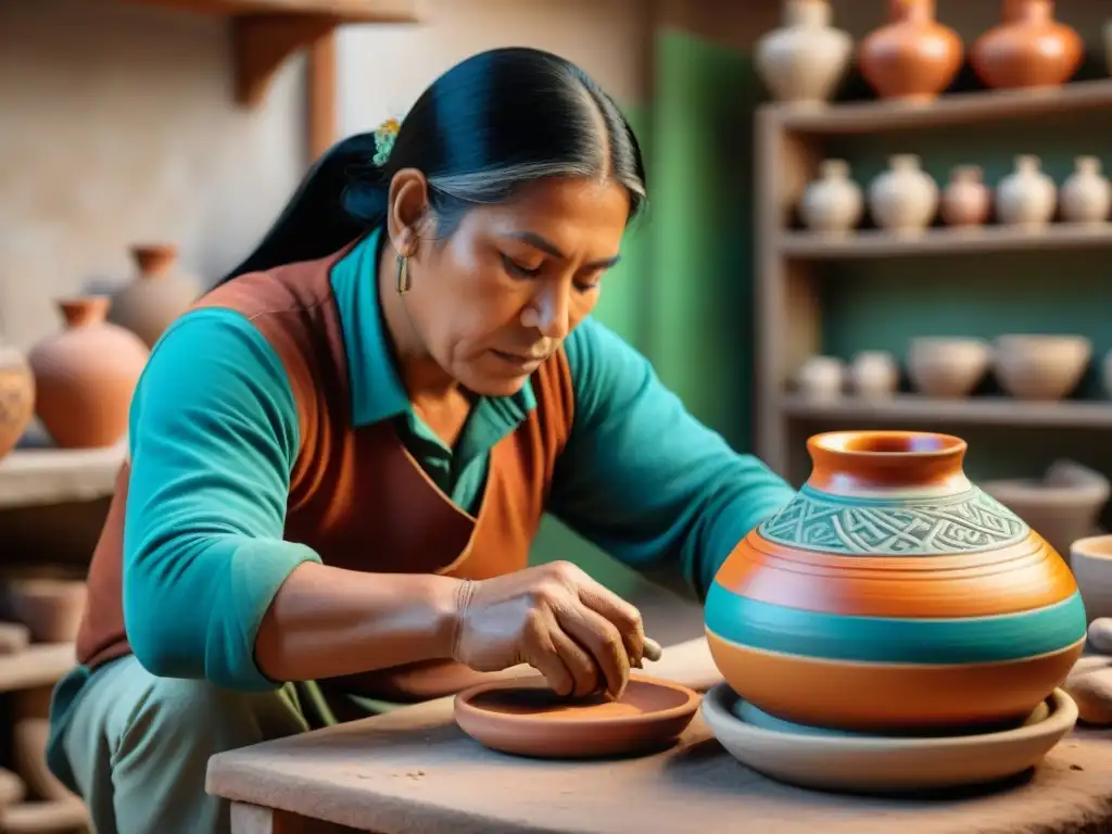 Un hábil artesano de Chulucanas, Perú, elabora una pieza cerámica en un taller tradicional, rodeado de colores vibrantes